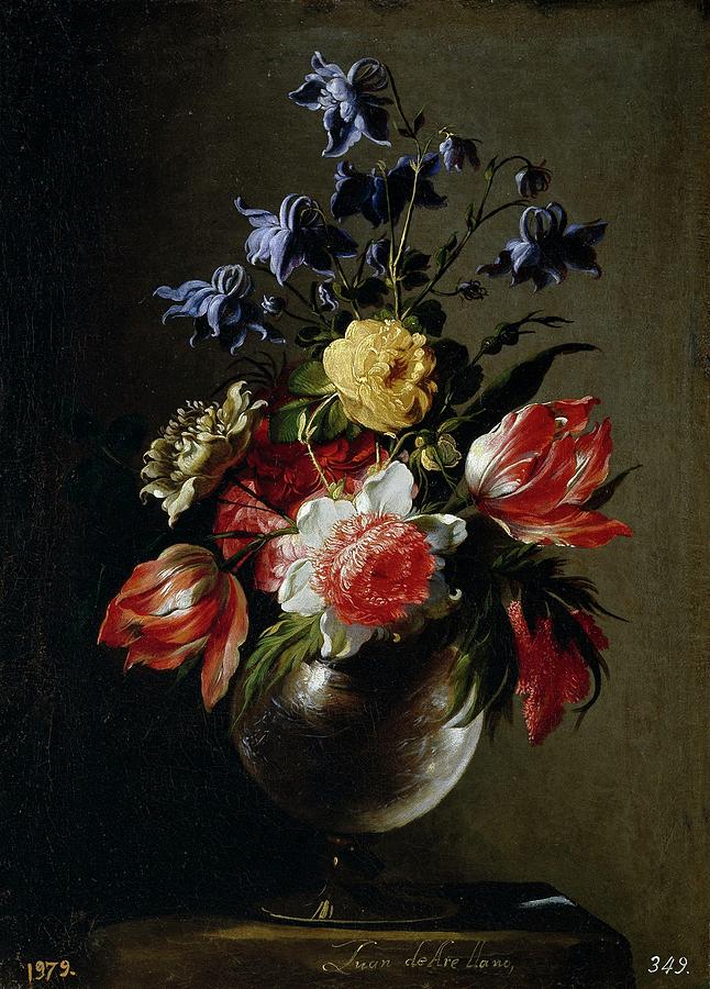Vase of Flowers, 1660-1670, Spanish School, Oil on canvas, 60 cm x 45 cm, P0... Painting by Juan de Arellano -1614-1676-
