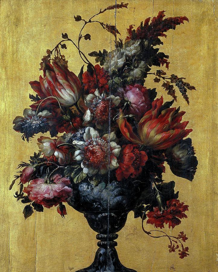 Vase of Flowers, 1689-1691, Spanish School, Panel, 54 cm x 44 cm, P06396. Painting by Bartolome Perez -1634-1693-