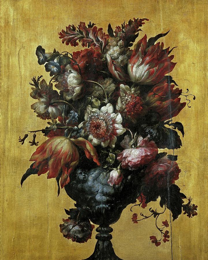 Vase of Flowers, 1689-1691, Spanish School, Panel, 54 cm x 44 cm, P06397. Painting by Bartolome Perez -1634-1693-