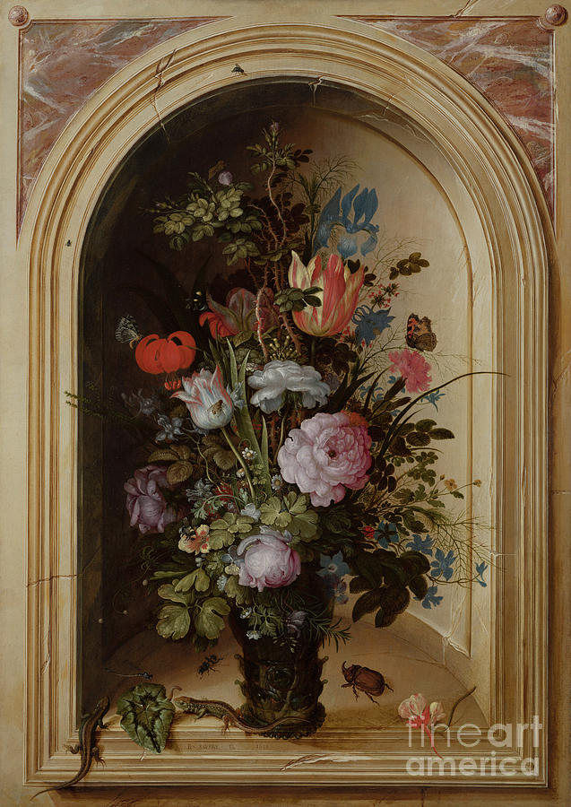 Vase of Flowers in a Stone Niche, 1615 Painting by Roelandt Jacobsz Savery