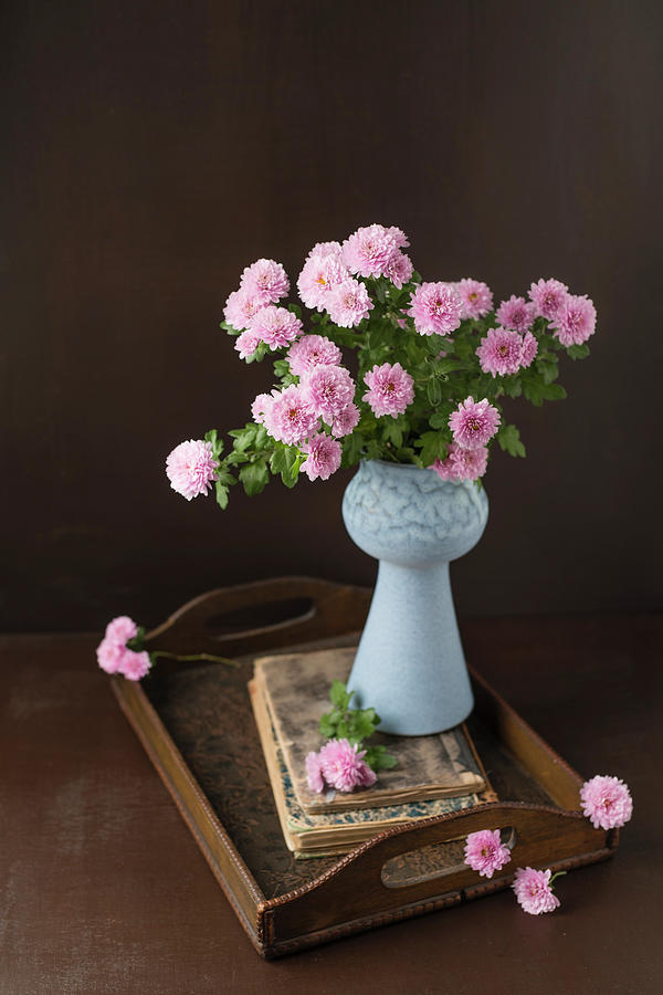 Vase Of Pink Asters On Antique Wooden Tray Photograph by Mandy Reschke