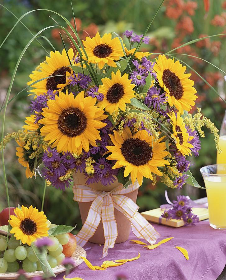 Vase Of Sunflowers, Asters, Golden Rod And Grasses Photograph by Friedrich Strauss