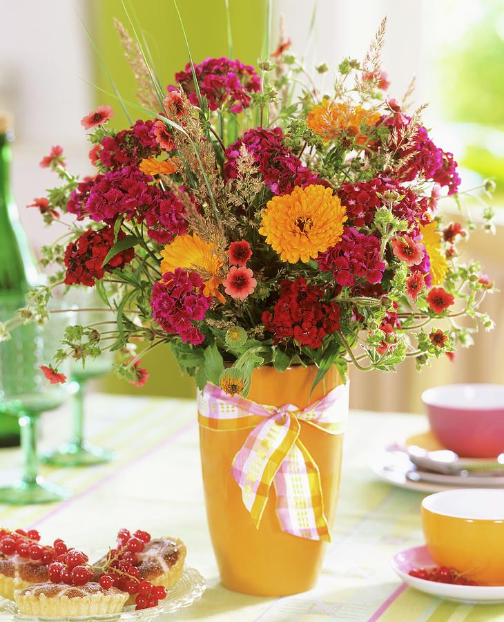 Vase Of Sweet Williams, Marigolds And Potentilla Photograph by Friedrich Strauss