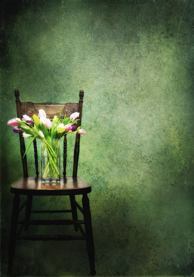 Vase Of Tulips On Old Chair Photograph by Marlene Ford