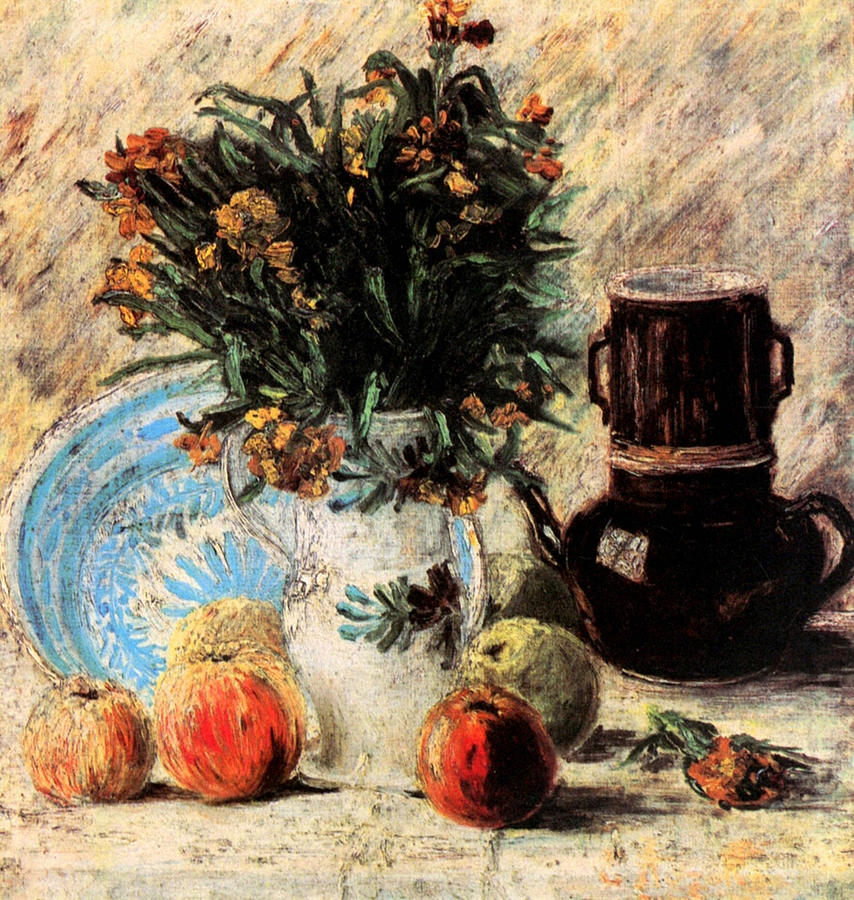Vase with Flowers, Coffeepot and Fruit Painting by 