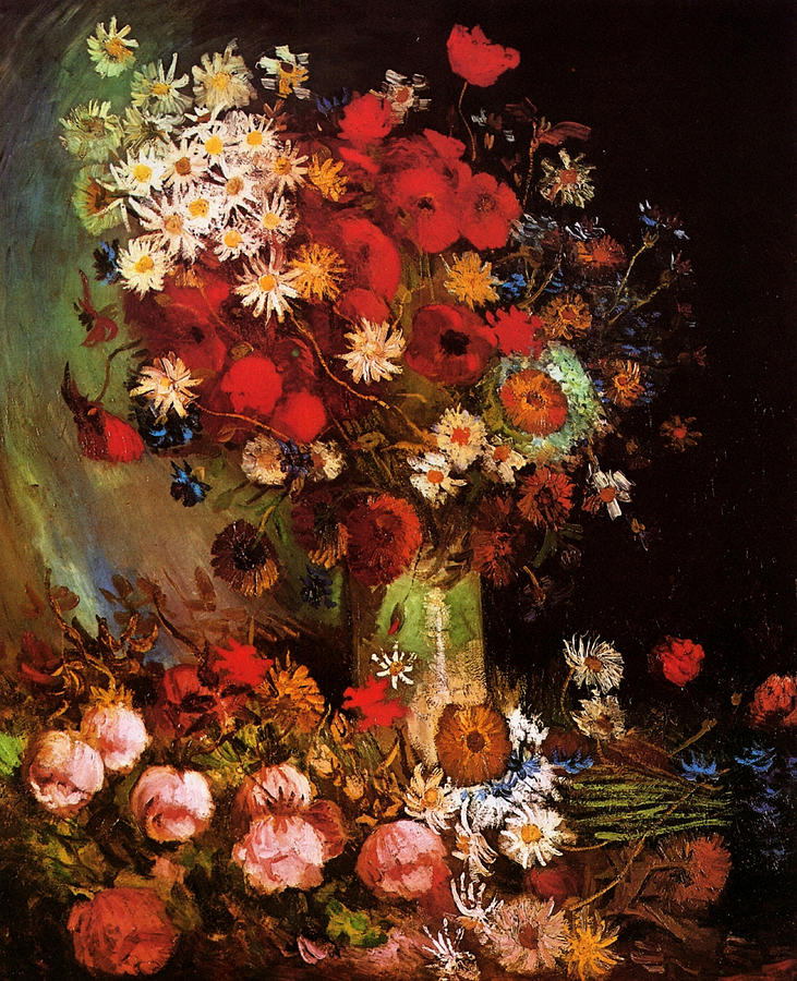 Vase with Poppies, Cornflowers, Peonies and Chrysanthemums Painting by 