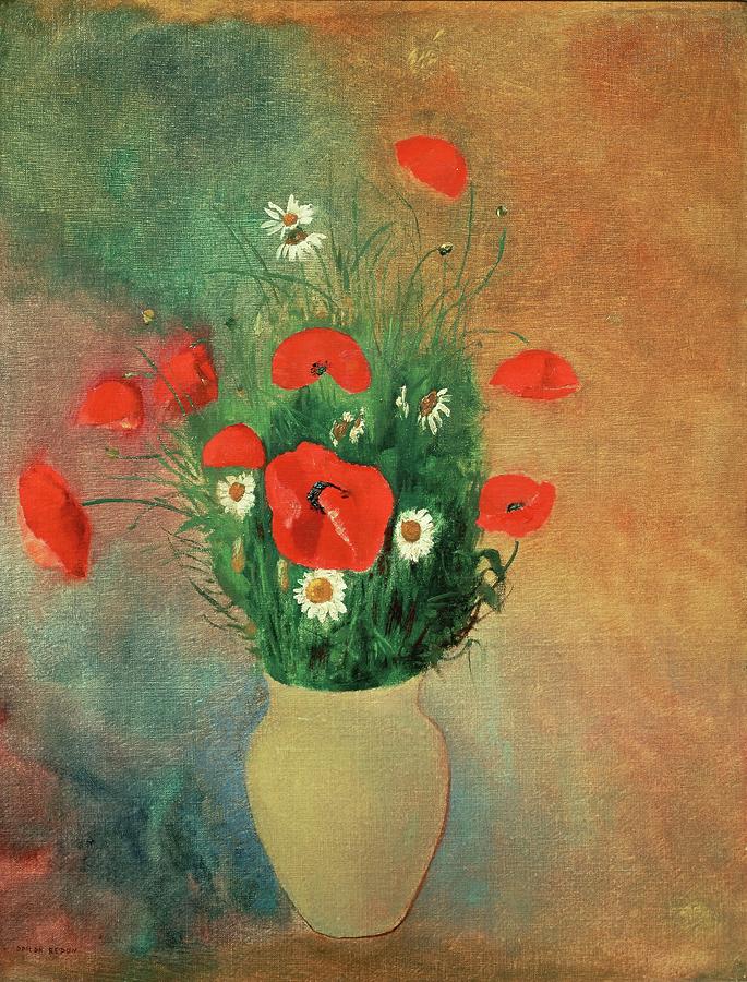 Vase with red poppies. Canvas. Painting by Odilon Redon -1840-1916-