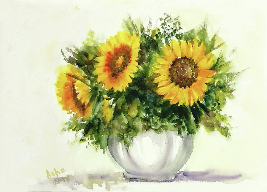 Vase with three sunflowers Painting by Asha Sudhaker Shenoy
