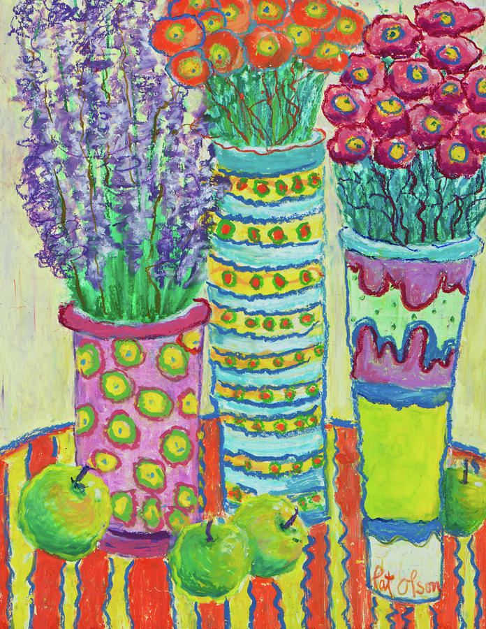 Vase Painting - Vases 5 - Pink Blue Yellow by Pat Olson Fine Art And Whimsy