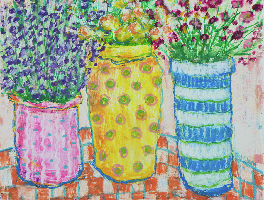 Vase Painting - Vases 6 - Pink Yellow Blue by Pat Olson Fine Art And Whimsy