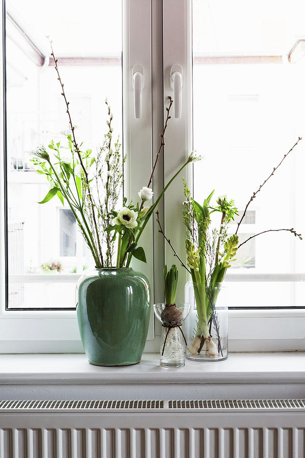 Vases Of White Spring Flowers: Tulip, Anemone, Willow Catkins, Waxflower, Hyacinths, Star-of-bethlehem And Cherry Branch Photograph by Hej.hem Interior