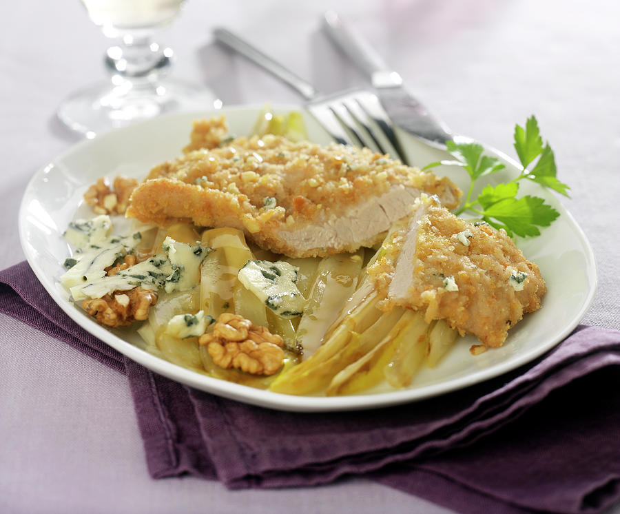 Veal Escalope In Walnut Crust, Braised Chicory With Roquefort Photograph by Bertram
