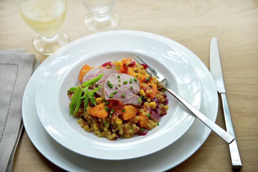 Veal Filet Mignon, Pearl Barley With Apricots, Chorizo And Spanish Ham Photograph by Gelberger