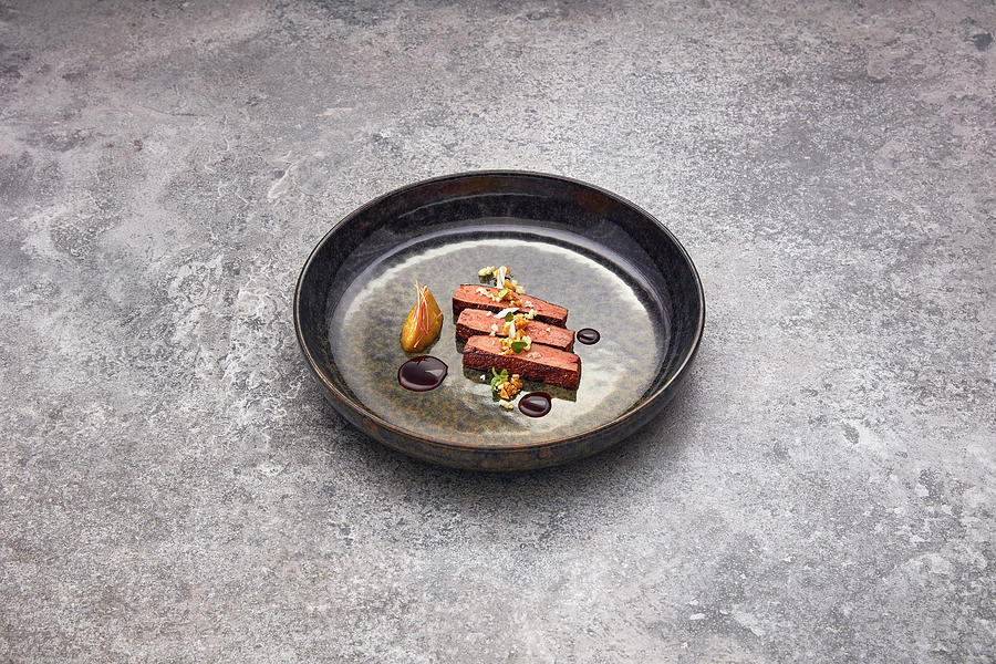 Veal Liver With Miso Almonds, Fermented Apple And Veal Jus Photograph by Tre Torri