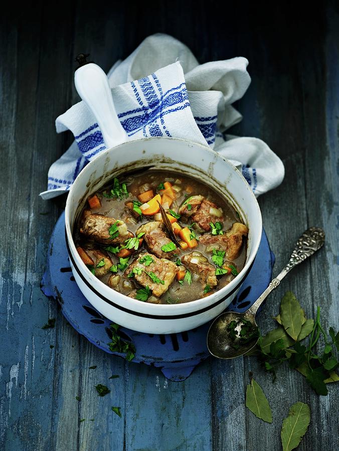 Veal Ragout With Carrots, Spring Onions And Parsley Photograph by Mikkel Adsbl