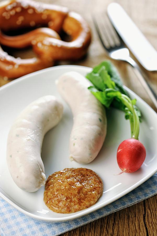 Veal Sausages With Sweet Mustard, Radishes And A Pretzel bavaria Photograph by Peters, Ina