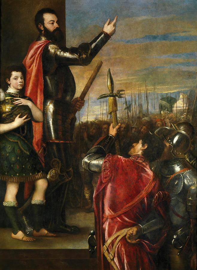 Vecellio di Gregorio Tiziano / The Marquis of Vasto Addressing his Troops, 1540-1541. Painting by Titian -c 1485-1576-