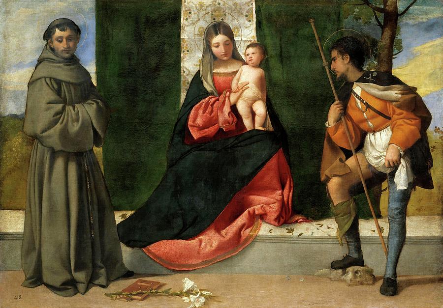 Vecellio di Gregorio Tiziano The Virgin and Child between Saint Anthony of Padua and Saint Roque. Painting by Titian -c 1485-1576-