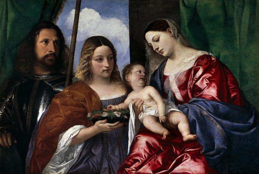 Vecellio di Gregorio Tiziano The Virgin and Child with Saints Dorothy and George, ca. 1518. Painting by Titian -c 1485-1576-