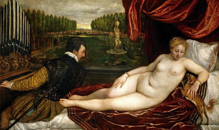 Vecellio di Gregorio Tiziano / Venus with an Organist and a Dog, ca. 1550, Italian School. Painting by Titian -c 1485-1576-