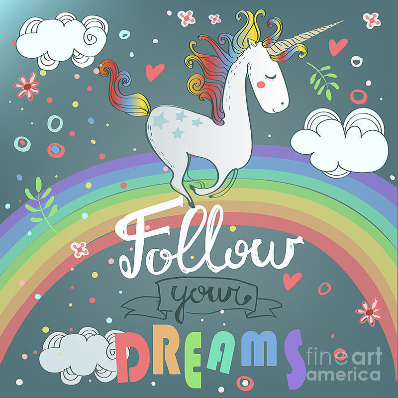 Magic Digital Art - Vector Card With Cute Unicorn, Rainbow by Elena Barenbaum Magic Digital Art - Vector Card With Cute Unicorn, Rainbow by Elena Barenbaum