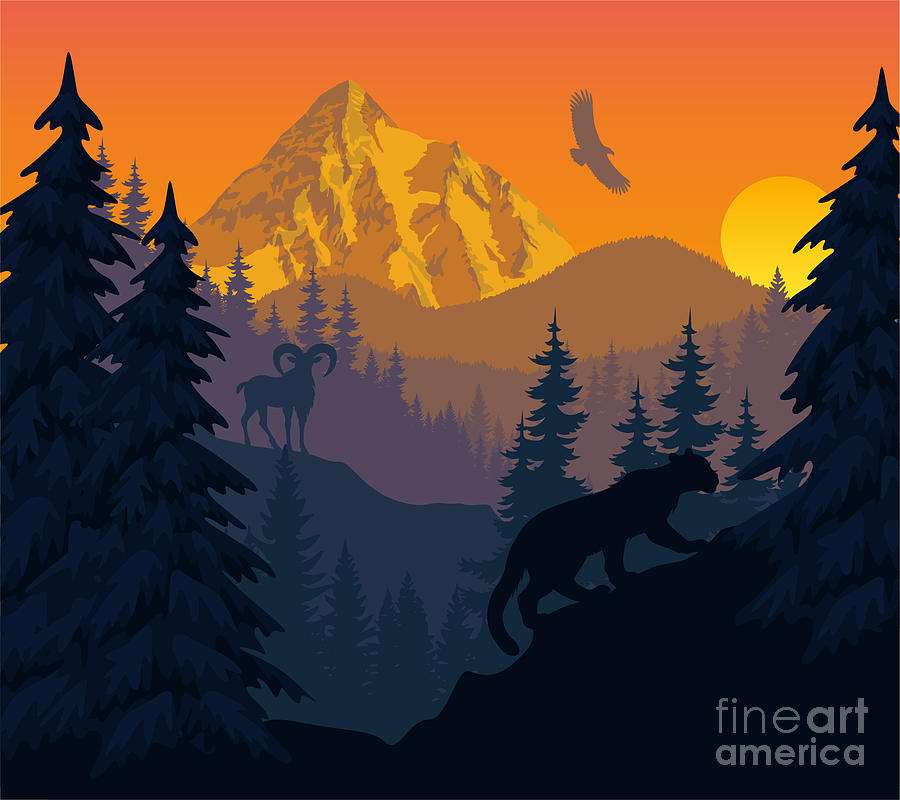 Vector Mountains Evening Landscape Digital Art By Savejungle