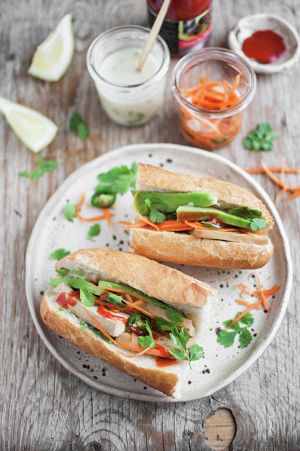 Vegan Banh Mi Sandwich With Tofu, Avocado, Carrot Pickles, Vegan Mayo And Sriracha Photograph by Kachel Katarzyna