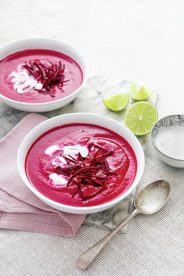 Vegan Beetroot And Coconut Soup With Lime, Chilli And Coconut Yoghurt Photograph by Magdalena Hendey