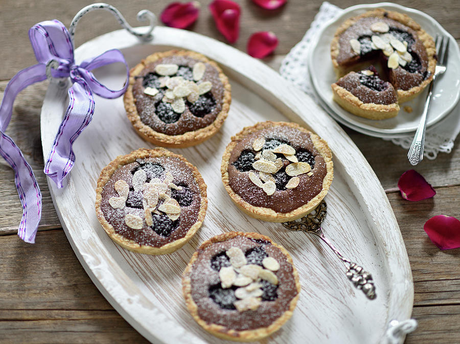 Vegan Blackberry And Chocolate Tartlets With Almond Flakes Photograph by B.b.s Bakery
