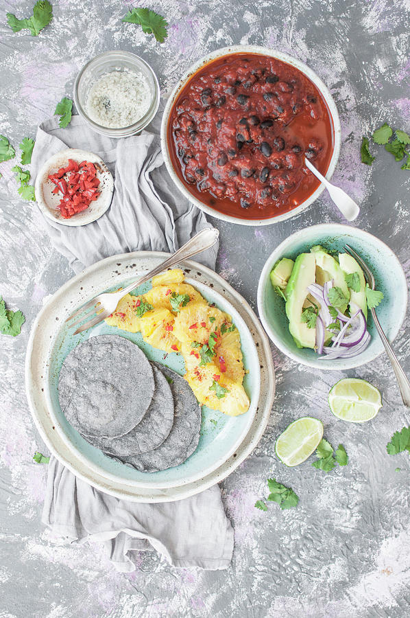 Vegan Blue Corn Tacos, Roasted Pineapple, Avocado With Salad, Black Beans With Tomato Sauce Photograph by Kachel Katarzyna