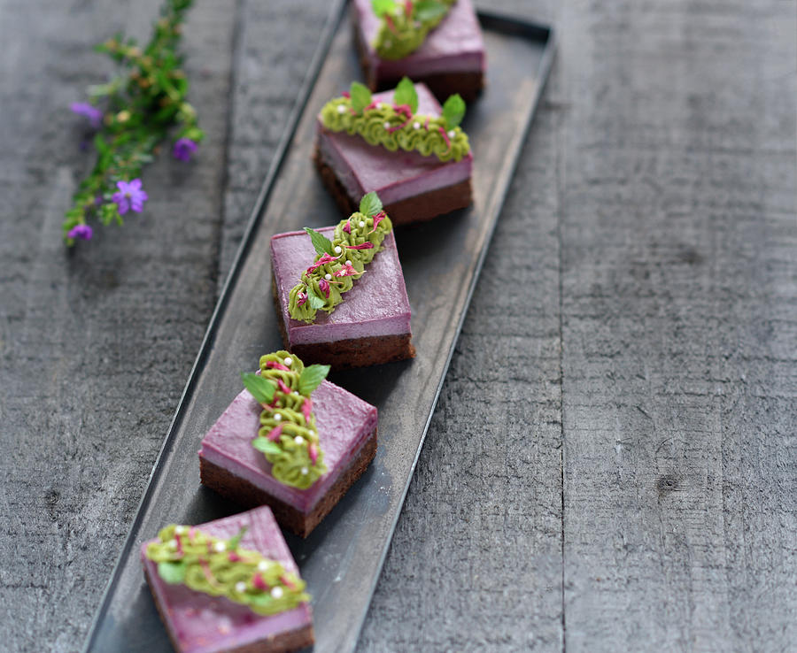 Vegan Brownie And Raspberry Cubes With Matcha Cashew Cream raw Baking Photograph by B.b.s Bakery