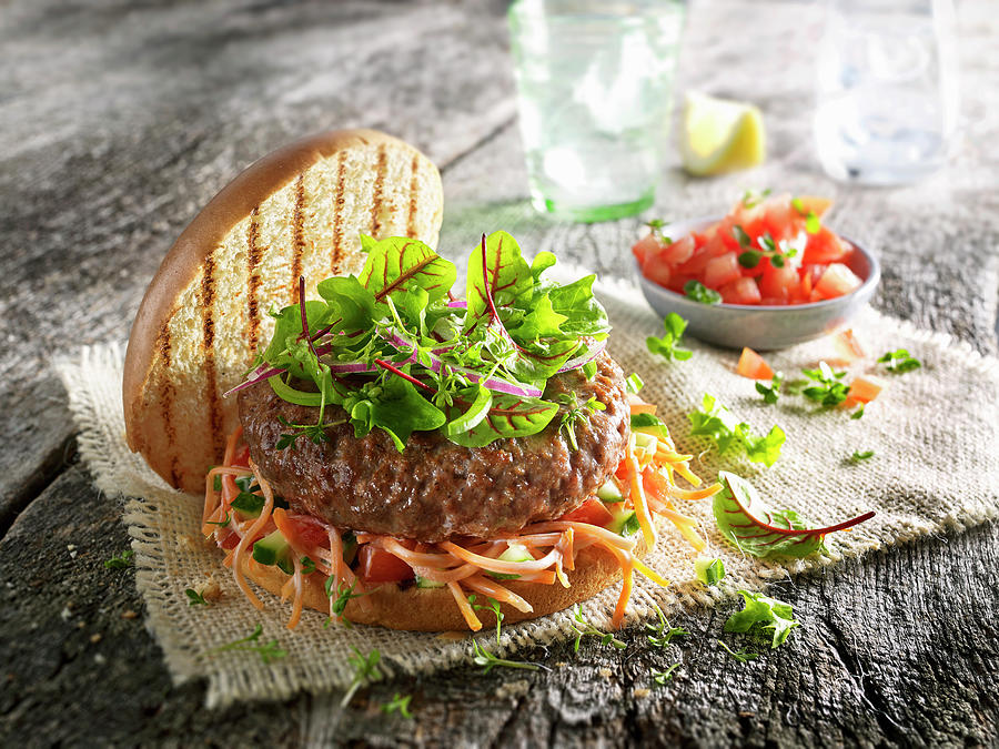 Vegan Burger With Carrot Coleslaw And Baby Chard Photograph by Frank Gllner