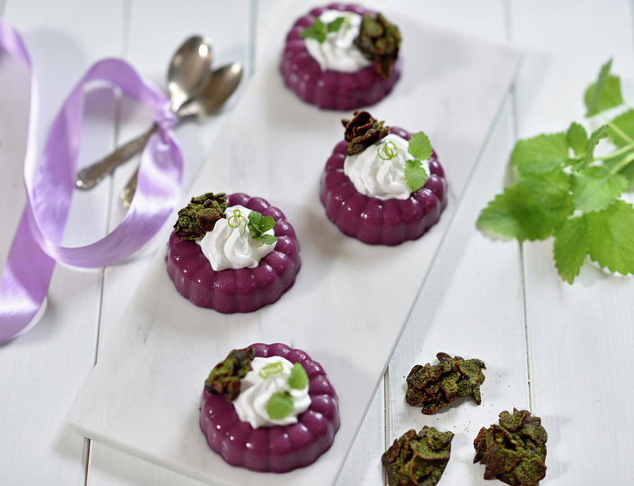 Vegan Cassis Panna Cotta With Lime Cream And Matcha Chocolate Crisp Photograph by B.b.s Bakery