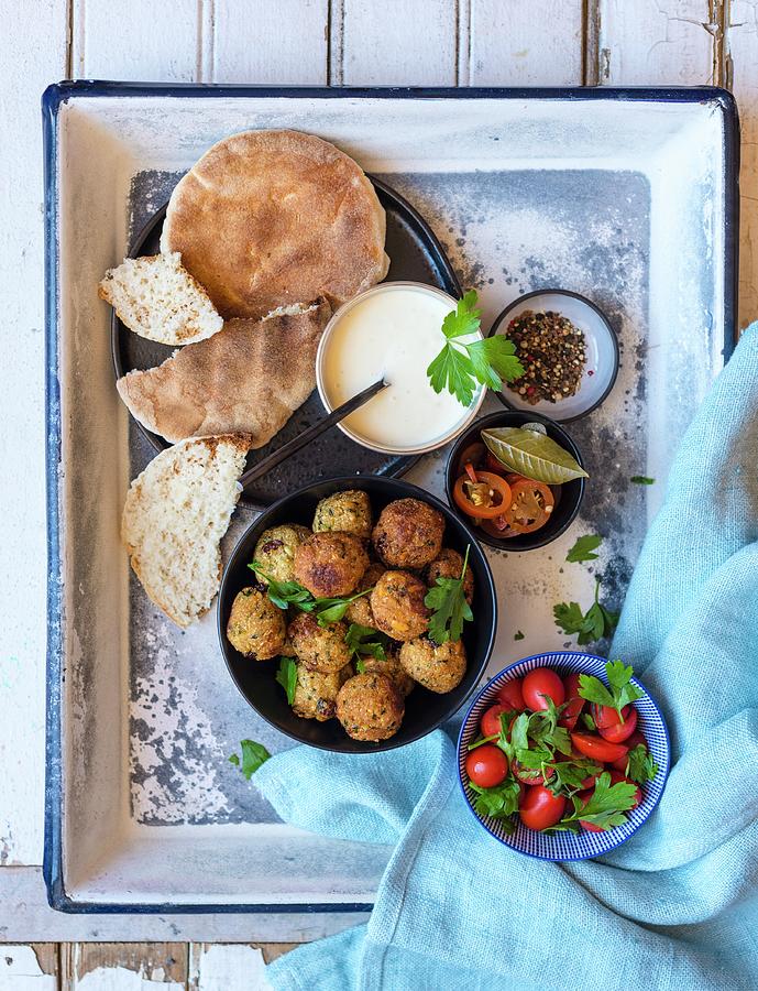 Vegan Cauliflower Balls With A Dip And Flatbread top View Photograph by Hein Van Tonder