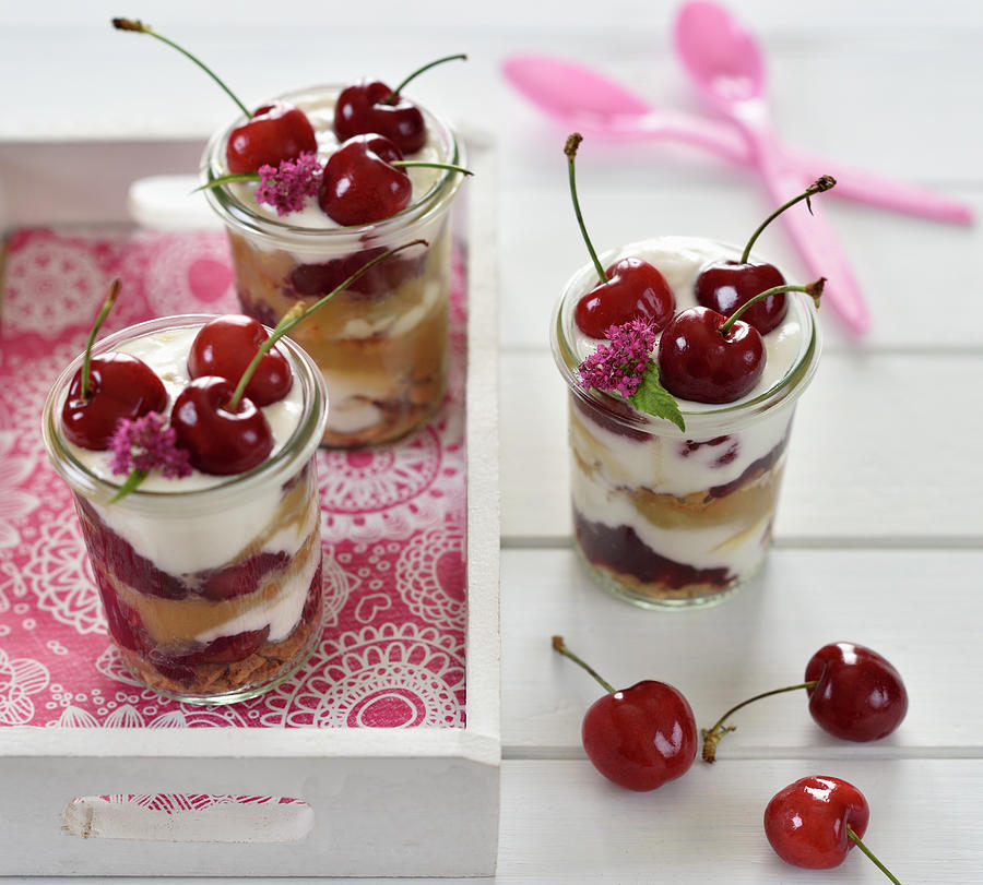 Vegan Cherry And Caramel Dessert In Glasses With Caramel Biscuits, Almond Yoghurt, Caramel Cream And Cherry Compote Photograph by B.b.s Bakery