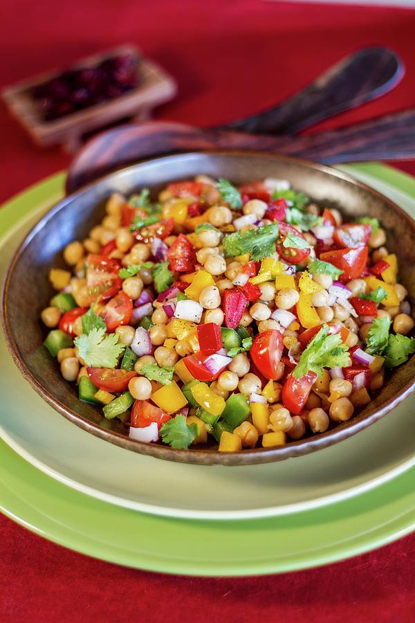 Vegan Chickpea Salad With Tomatoes, Peppers And Coriander Leaves Photograph by Elle Brooks