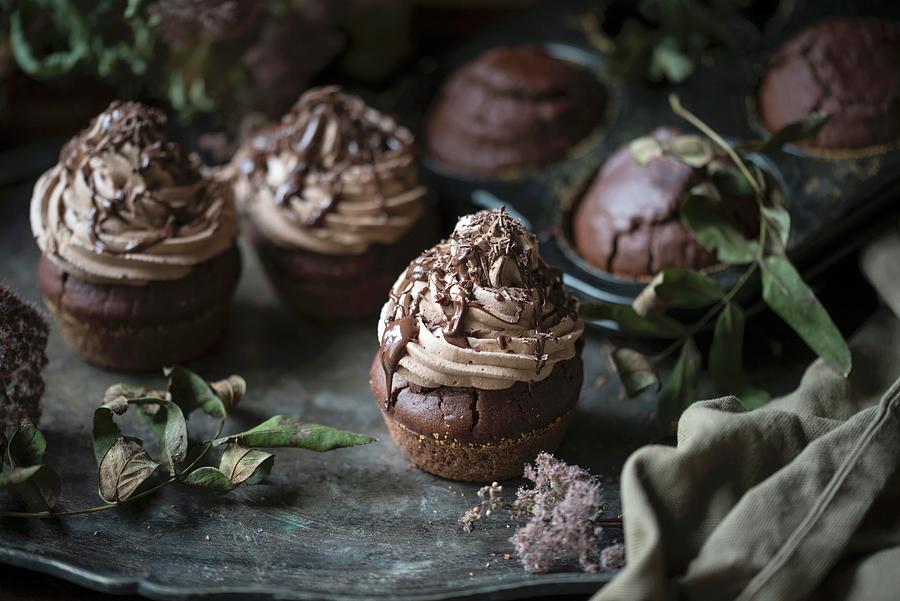 Vegan Chocolate Cupcakes With Chocolate Cream Frosting Photograph by Kati Neudert