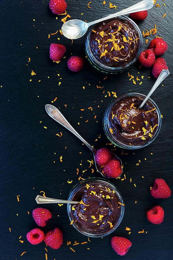 Vegan Chocolate Mousse With Raspberries And Orange Zest Photograph by Komar