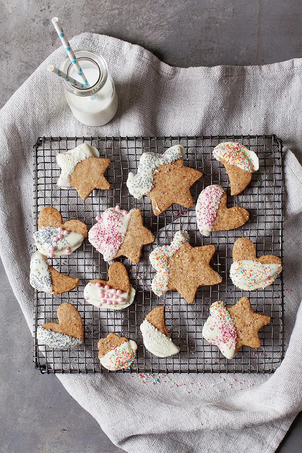 Vegan Coconut Biscuits With White Chocolate Glaze And Colourful Sugar Sprinkles Photograph by Great Stock!