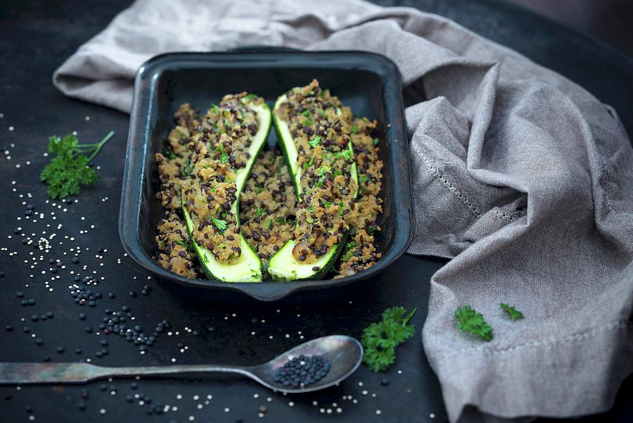 Vegan Courgette Filled With Quinoa And Beluga Lentils Photograph by Kati Neudert