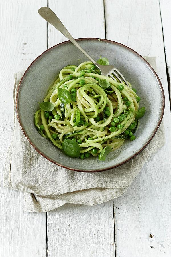 Vegan Courgette Spaghetti With Avocado Pesto And Peas Photograph by The Stepford Husband