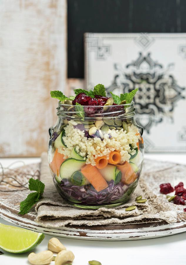 Vegan Couscous Salad With Red Cabbage And Cranberries In A Jar Photograph by Komar