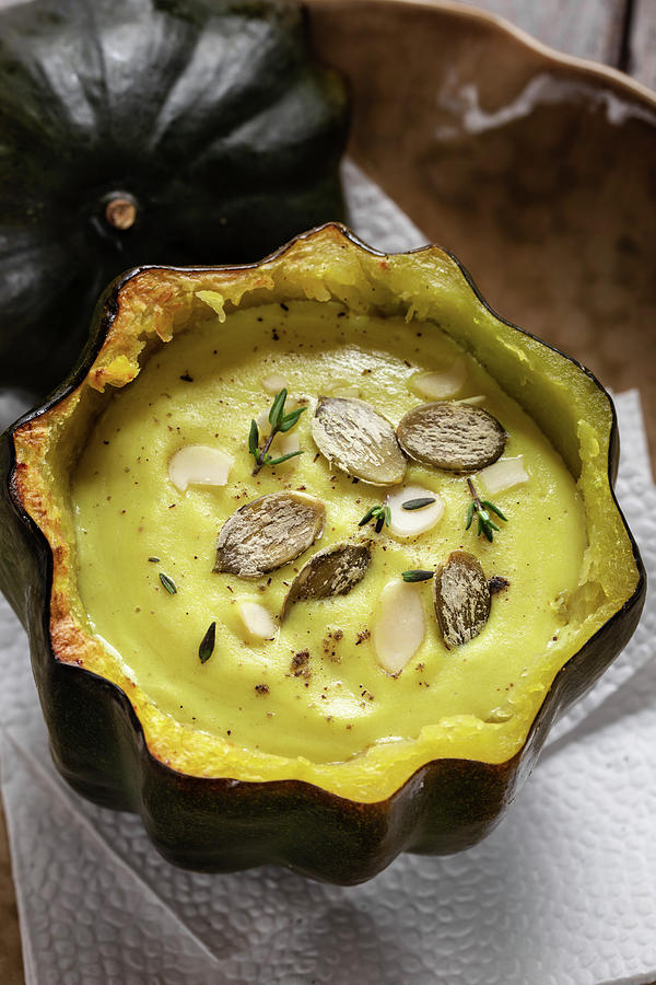 Vegan Cream Soup In An Acorn Squash Photograph by Andrey Maslakov