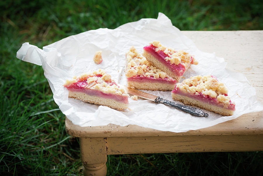 Vegan Crumble Cake With Rhubarb And Raspberry Semolina Cream Photograph by Kati Neudert