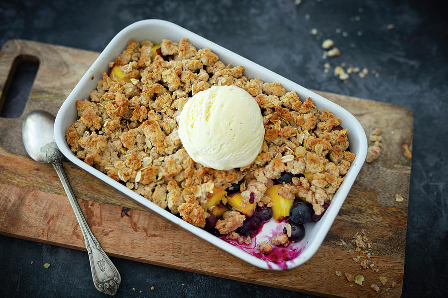 Vegan Crumble With Peaches, Blueberries And Oat Crumbles Photograph by