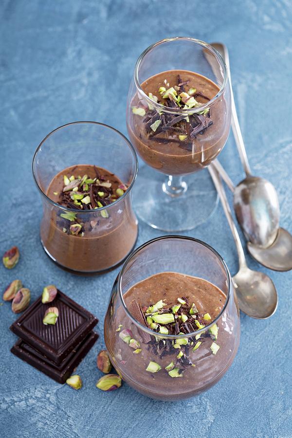 Vegan Dark Chocolate Mousse With Almond Milk And Pistachios Photograph by Elena Veselova
