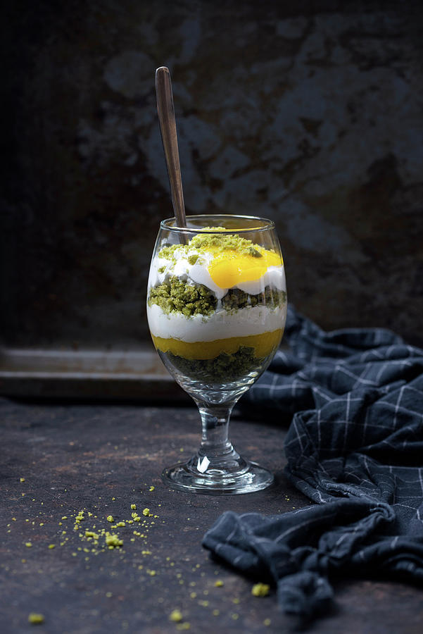 Vegan Dessert In A Glass Made With Matcha Cake, Mango Pure And Soya Yoghurt Photograph by Kati Neudert