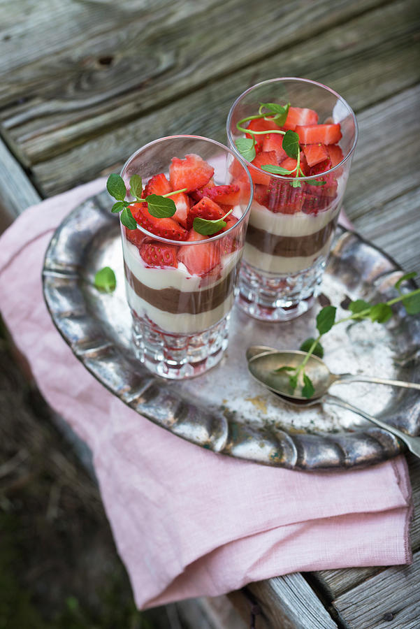 Vegan Desserts In Glass Made From Two Types Of Soya Yoghurt And Fresh Strawberries Photograph by Kati Neudert