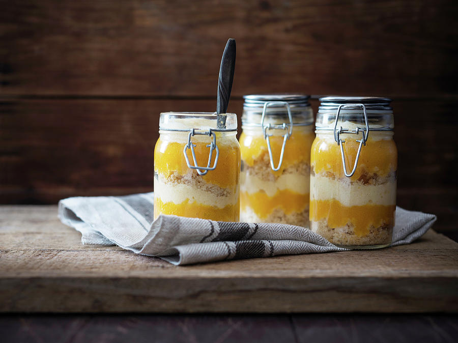 Vegan Desserts In Jars Made With Cake, Mango Pure And Vanilla Semolina Cream Photograph by Kati Neudert