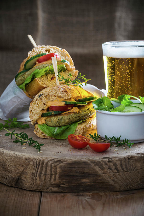 Vegan Falafel Sandwiches With Chilli Hummus Served With Beer Photograph by Kati Neudert